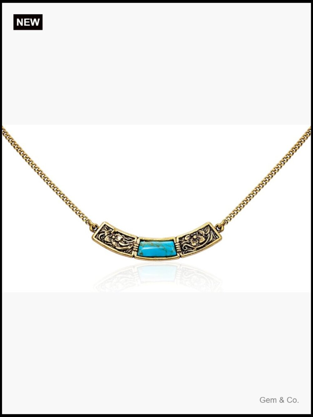 Turquoise Pendant Necklace with Floral Engraving, Adjustable Lobster Clasp
